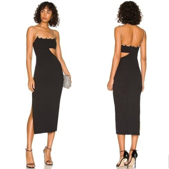 NWT Lovers And Friends Charlotte Midi Dress M Black Crystal Diamond Cuotut Chain - Picture 1 of 10